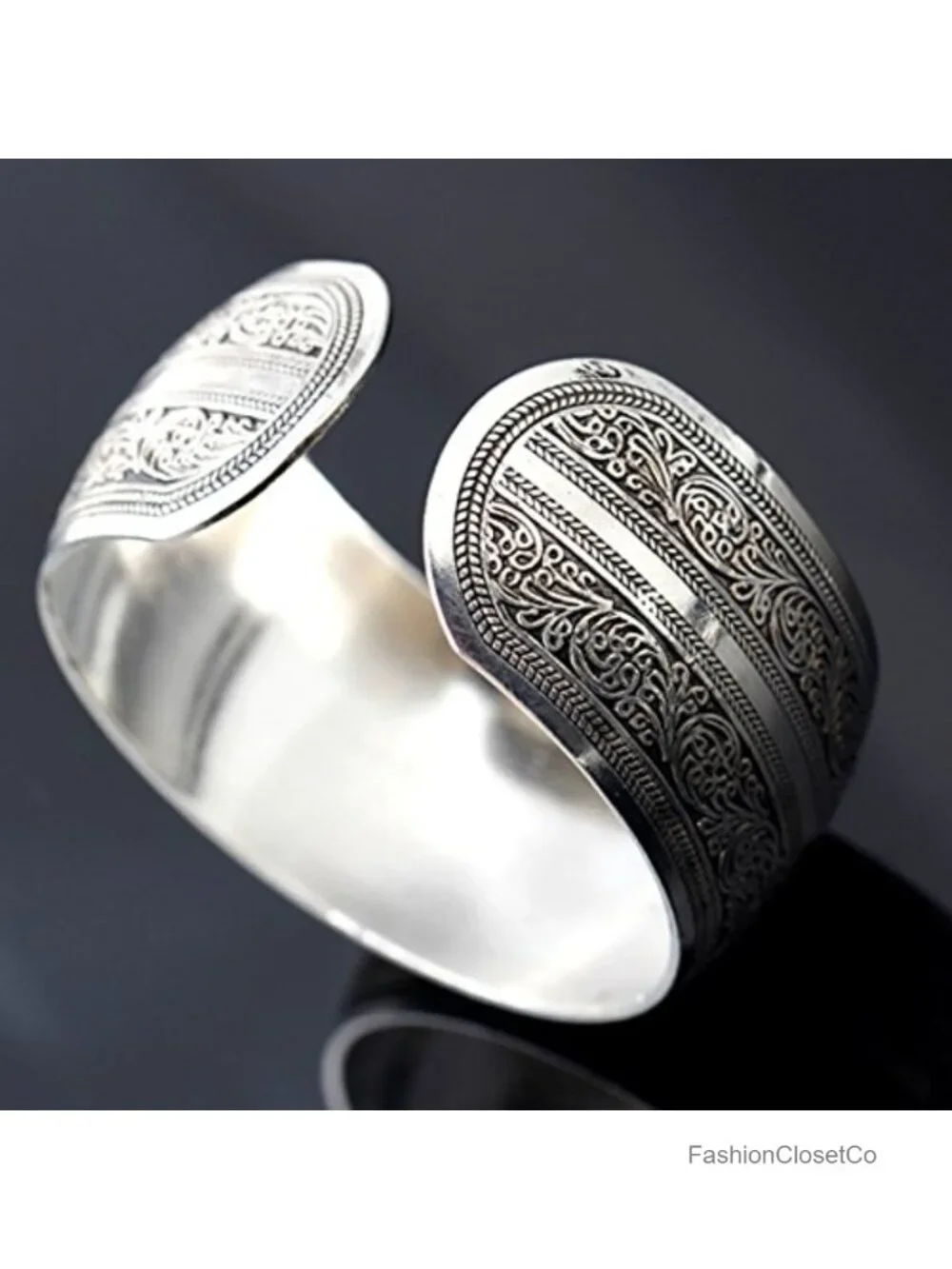 Silver Tone Carved Spiral Flower Wide Cuff Bangle Bracelet